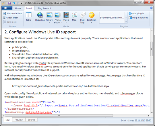 CodePlex wiki page in Windows Live Writer