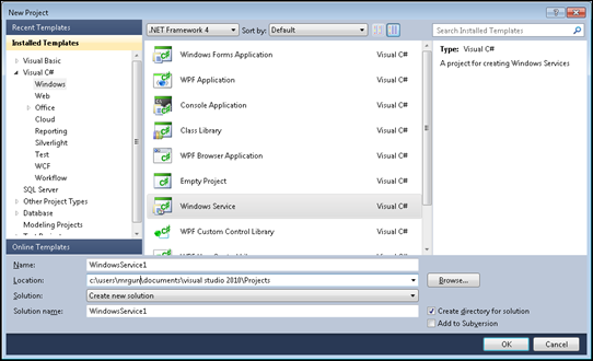 VS2010: Create Windows service