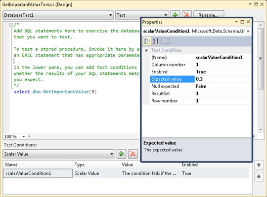 Setting properties for scalar valued test condition