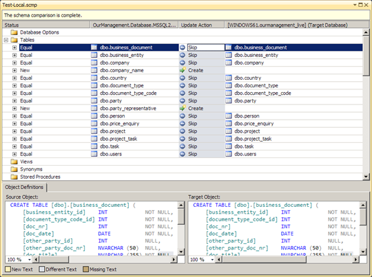 Visual Studio 2010: Differences between source and target schemas
