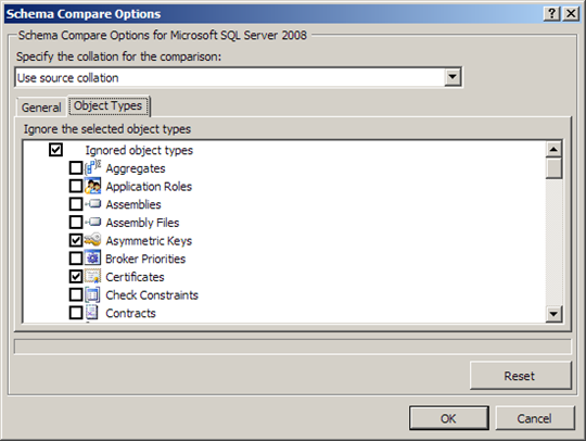 Visual Studio 2010: Schema compare options