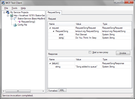 WCF Test Client: Testing RequestSong workflow