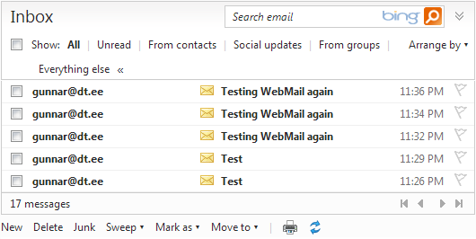 Test e-mails in my Live mailbox