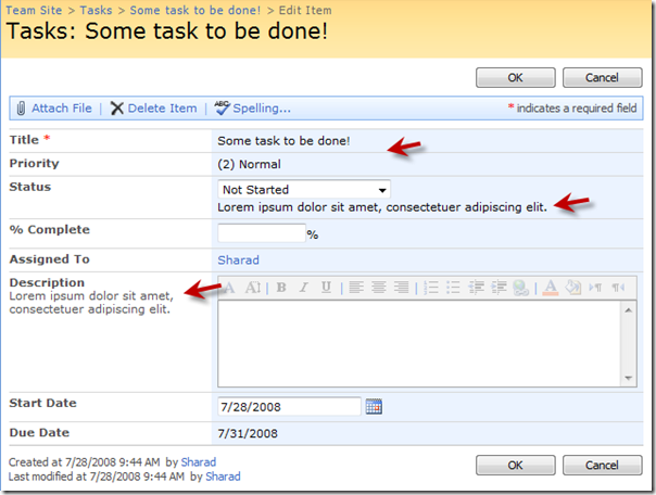 Modified Edit Form for Tasks List