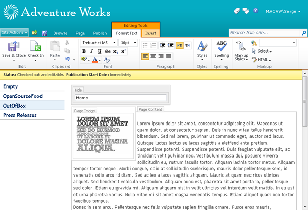 A SharePoint Publishing page in edit mode