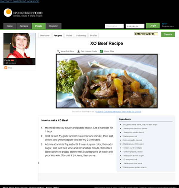 OpenSourceFood sample, SharePoint Publishing View Mode