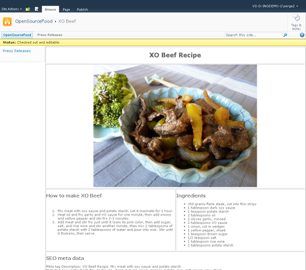 OpenSourceFood sample, SharePoint Publishing WCM Display Mode