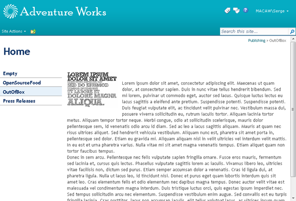 A SharePoint Publishing page in display mode